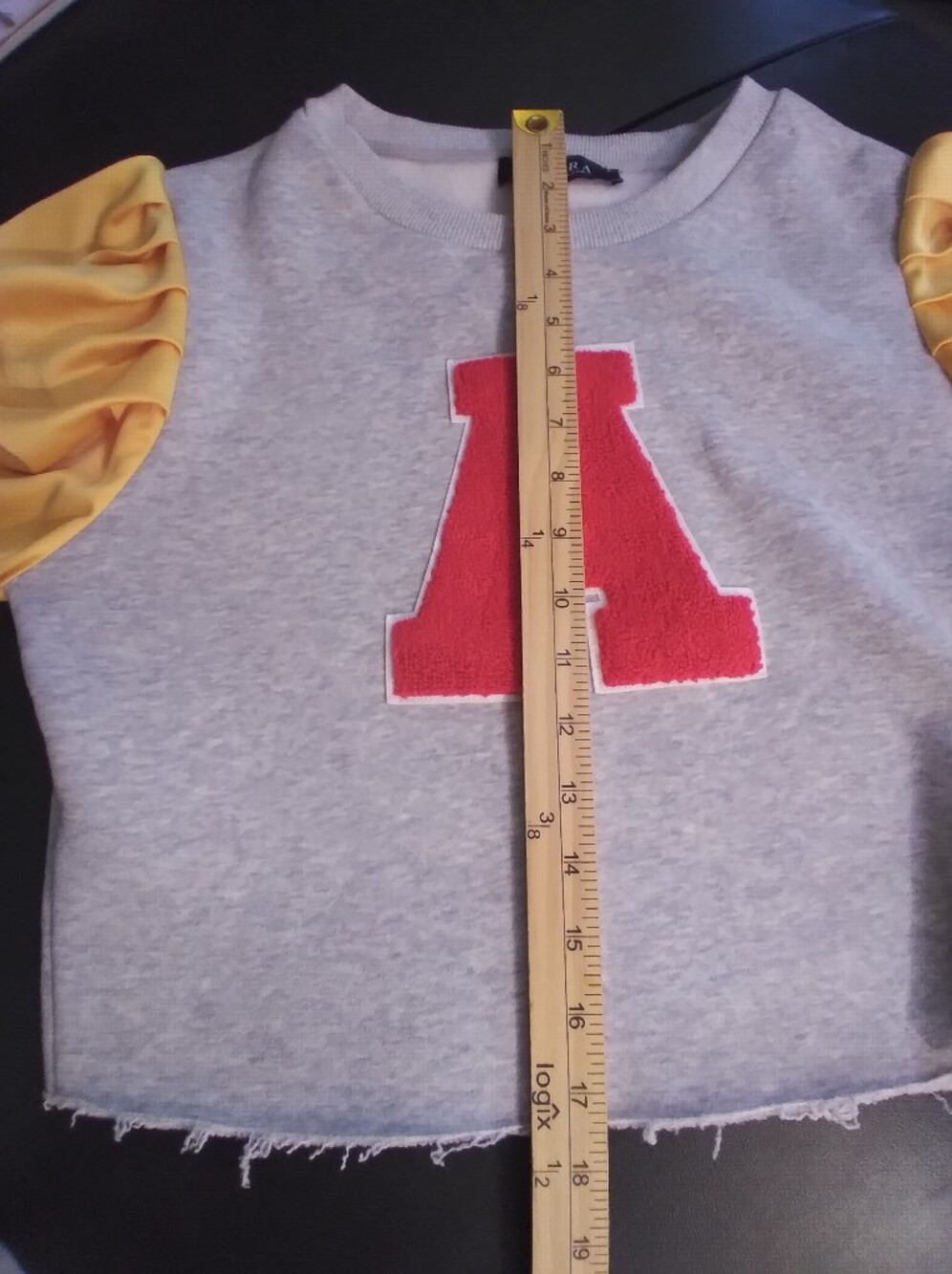 Akira  Brand Gray Cropped Sweatshirt with Red 'A' and Yellow Puff Sleeves Size M - Picture 3 of 11
